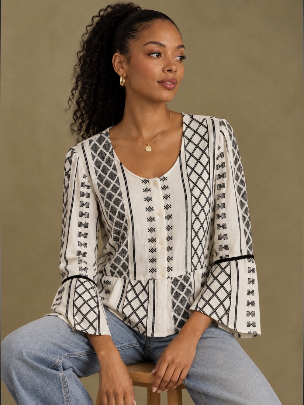 Ecru White and Black Ebroidered Bell Sleeve Blouse